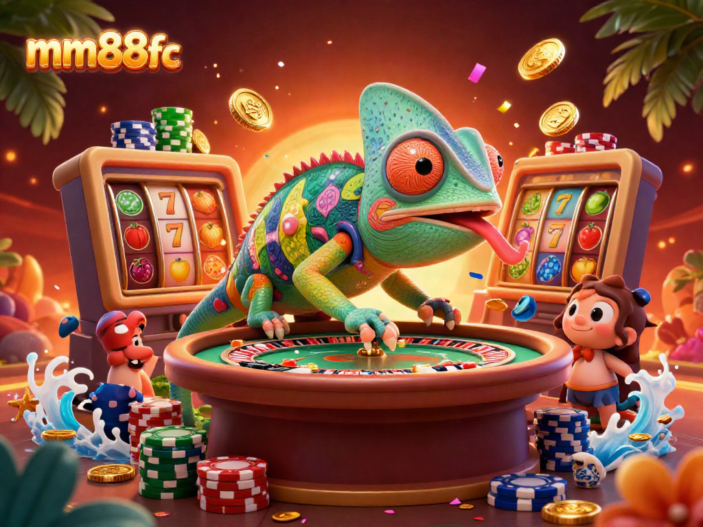 Engage with mm88fc through vibrant slot reels and a whimsical chameleon casino owner in 3D.