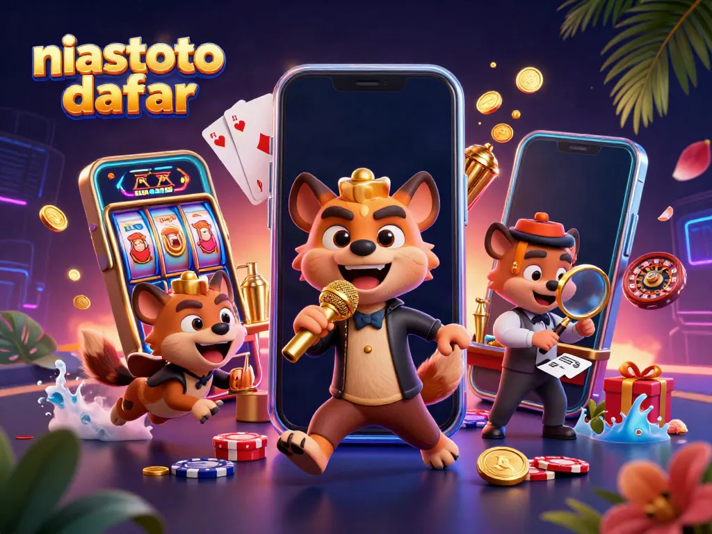 Menampilkan daftar, 3D kartun hyena menyajikan komedi di kasino dengan elemen slot dan koin emas.