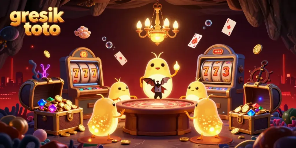 Engage with exciting games at gresik toto, featuring vibrant animated casino characters in a captivating setting.