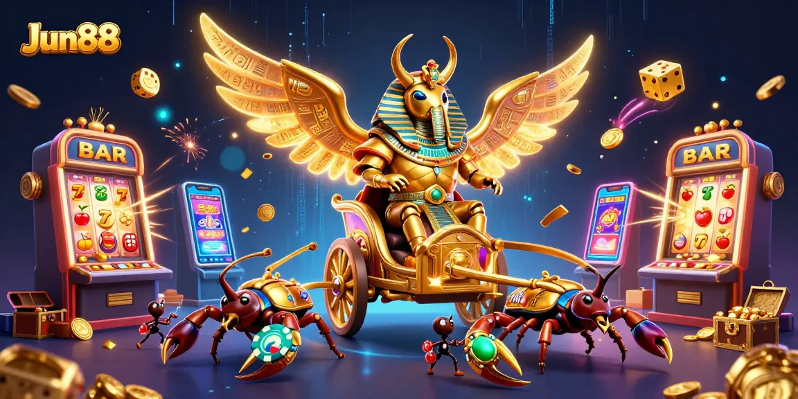 Win big with Jun88 in this vibrant 3D casino scene featuring slot machines and thrilling action.