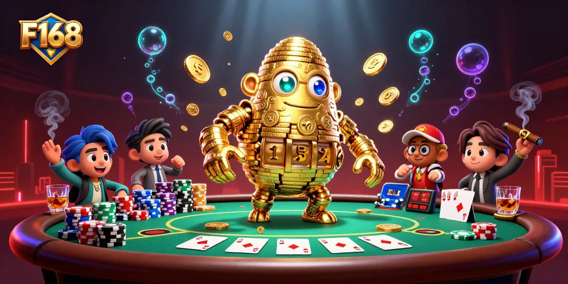 Experience F168's exciting poker action with a golden golem surrounded by vibrant gameplay elements.