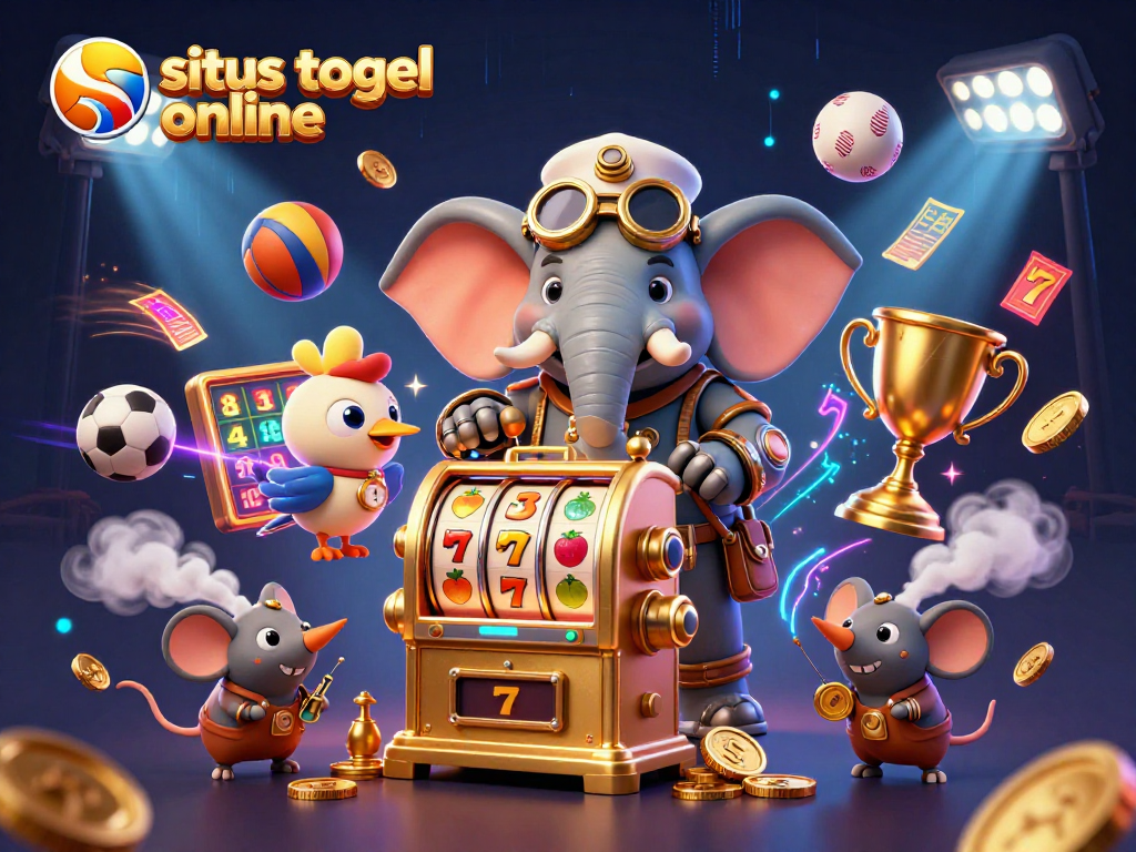 Menghadirkan situs togel online dengan elemen mesin slot dan bola olahraga dalam ilustrasi kisah steampunk yang dinamis.