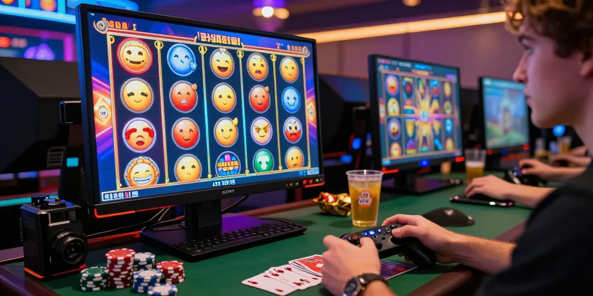 Exciting gaming environment with player immersed in situs slot game, vibrant visuals and casual atmosphere.