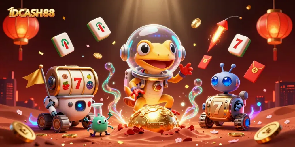 Experience the thrills of IDCASH88 with a Martian gecko amidst golden casinos and slot reels.