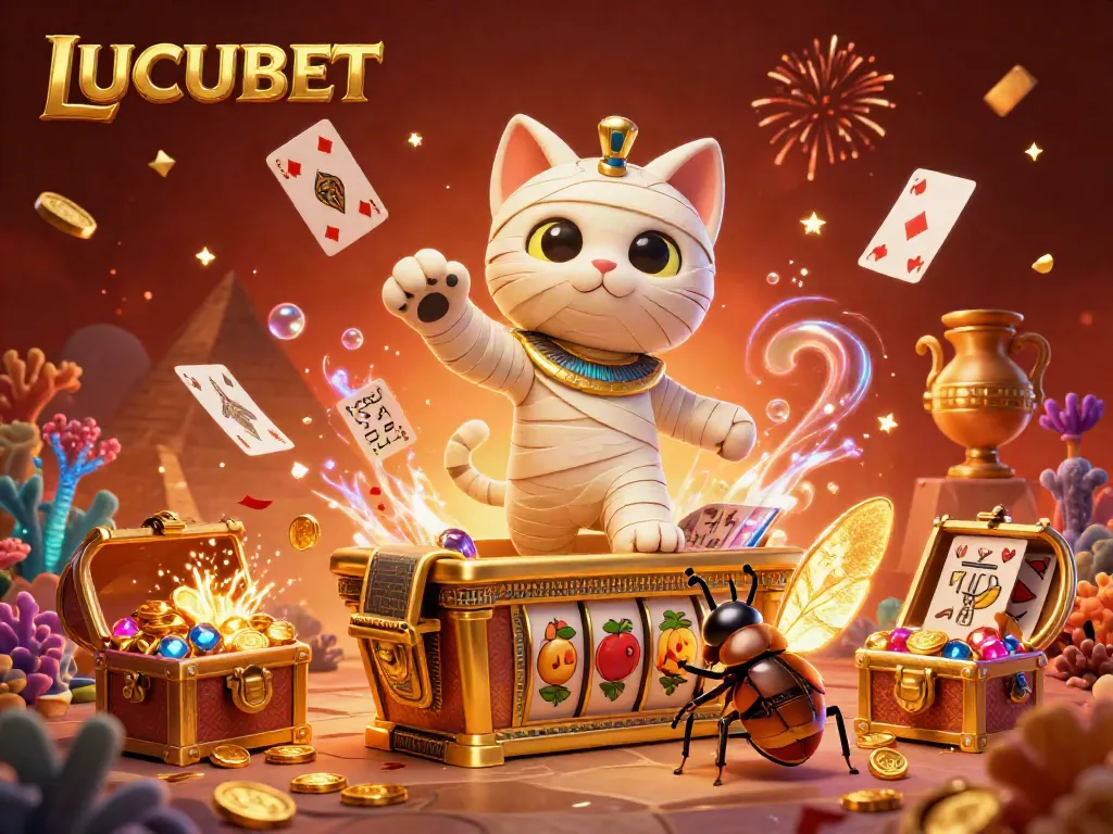 LUCUBET features an engaging scene with vibrant characters and gambling elements in a pyramid casino environment.