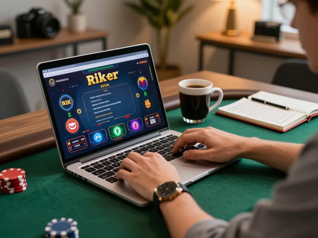 Player strategizing for rik poker game in a cozy home office setting, warm lighting enhancing the experience.
