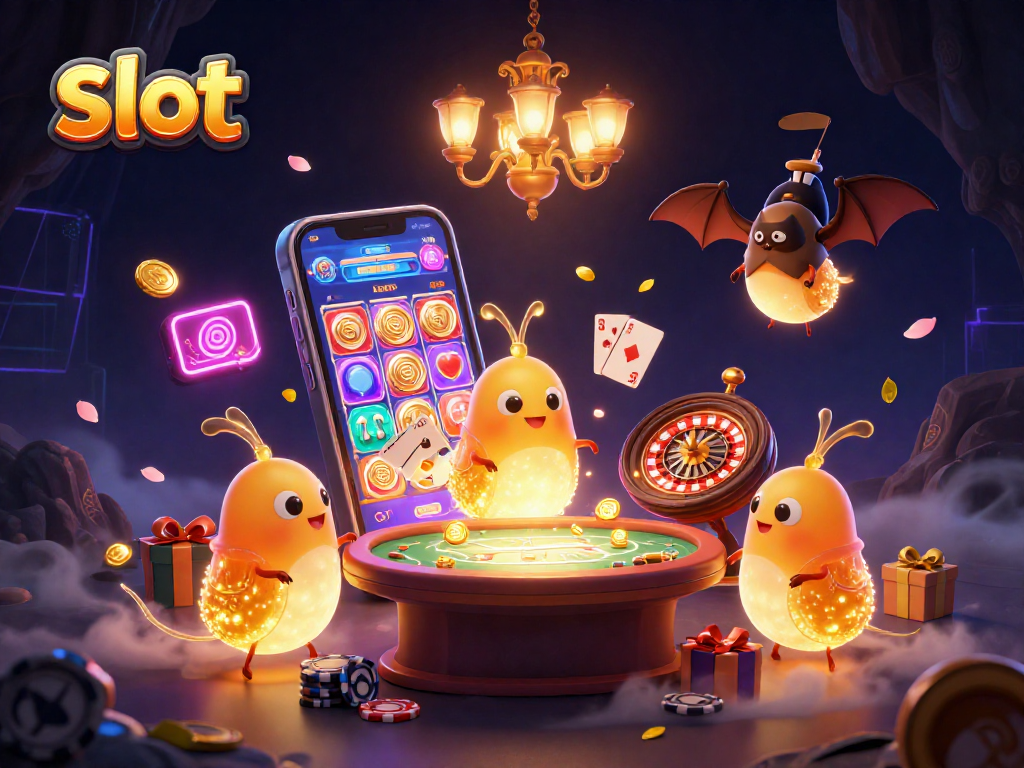 Engage in thrilling slot adventures illuminated by glowworms in a vibrant casino scene.