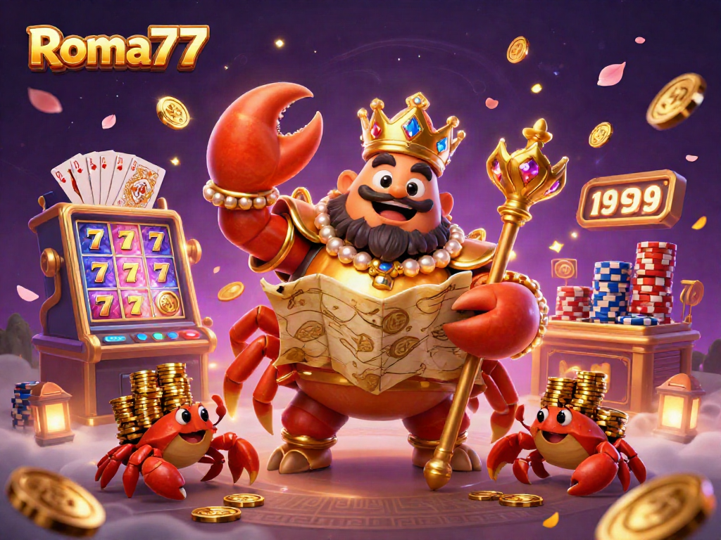 Experience the excitement of Roma77 with a lavish golden crab emperor and slot machine in action.