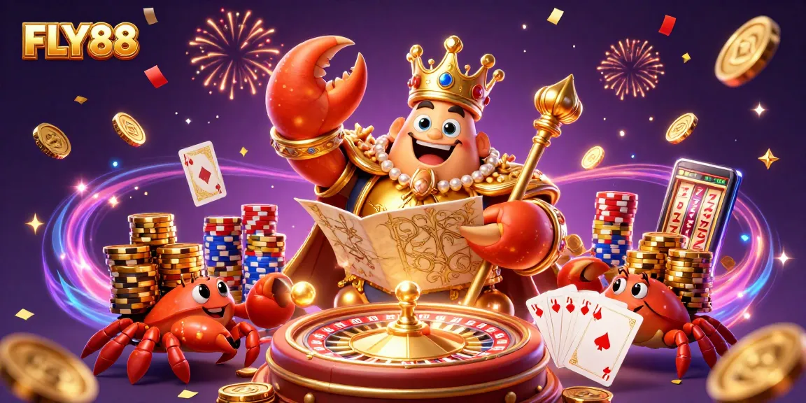 Experience the vibrant excitement of FLY88, with a golden crab and treasures at the online casino.