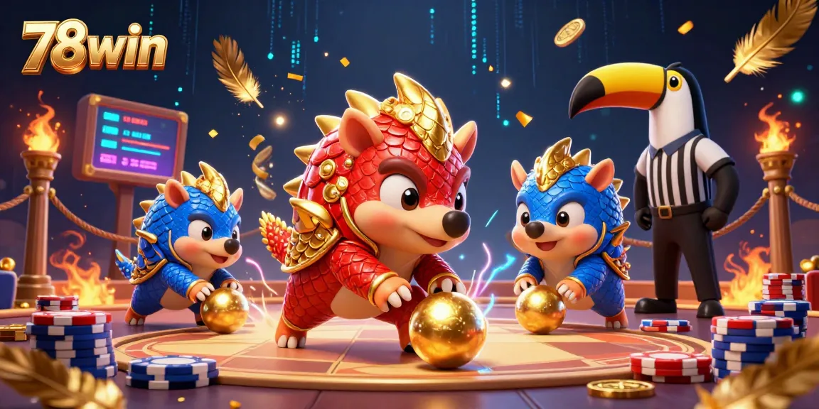 Engage with 78win's energetic gambling scene featuring rival pangolins rolling through poker chips.