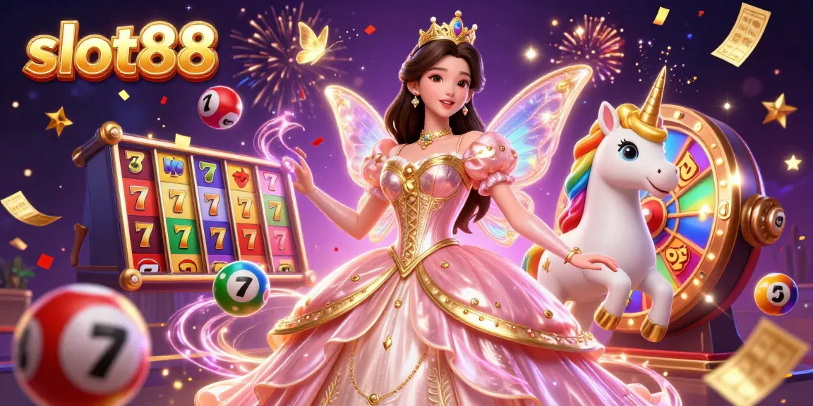 Engage with slot88 as colorful slot reels and characters celebrate winning opportunities in this vibrant casino illustration.