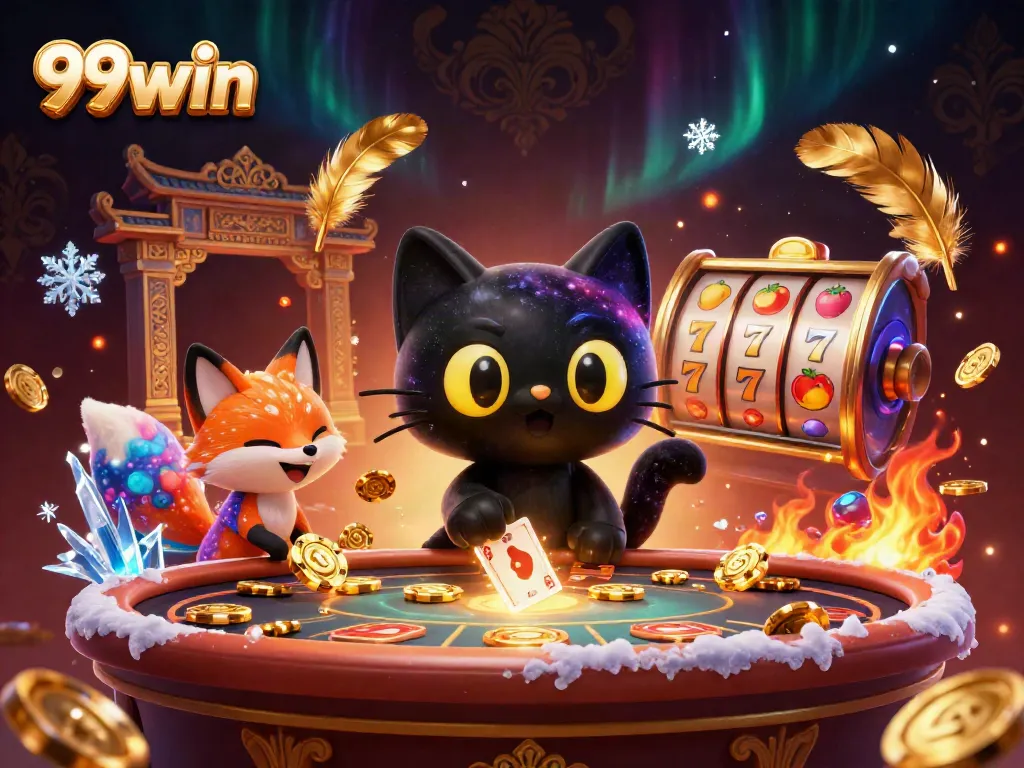 99win cosmic casino theme with a gravitational black hole cat and colorful gas fox, playing with golden chips.