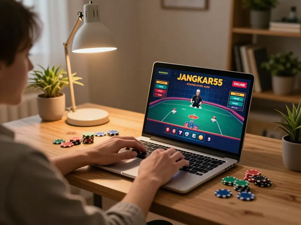 Engaging in online poker gaming on JANGKAR55 platform featuring live dealer