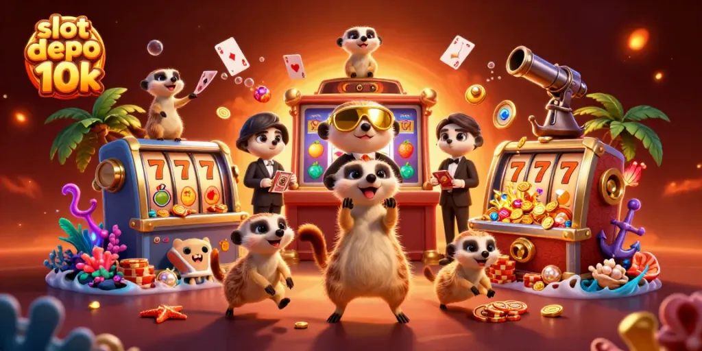Menangkan slot depo 10k dengan meerkat yang menjalankan kasino yang ramai dan beragam simbol slot.
