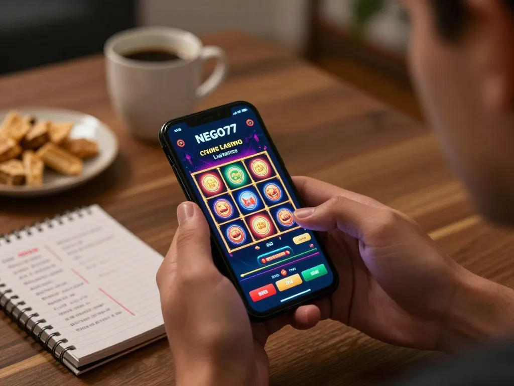 Engaging with NEGO77's casino app for strategic online gaming in a cozy home.