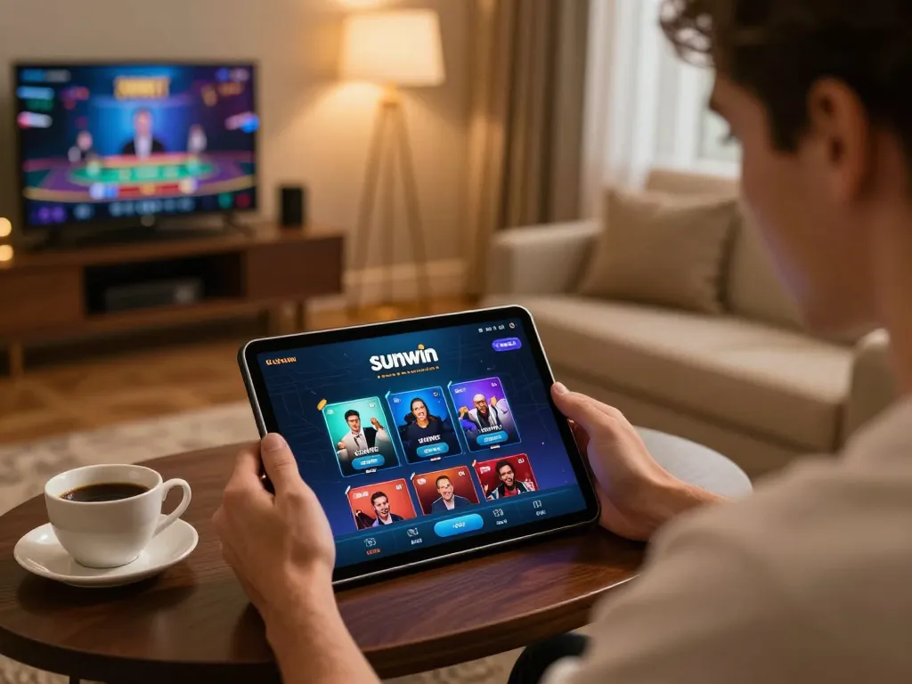 Engaging with Sunwin mobile gaming app in a comfortable home setting, showcasing relaxation and responsible betting practices.