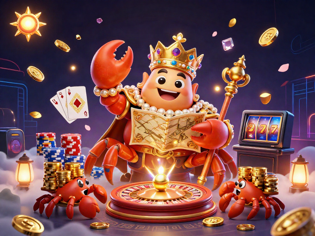 Join the sun-themed casino experience with a golden crab emperor amidst vibrant treasures and games.