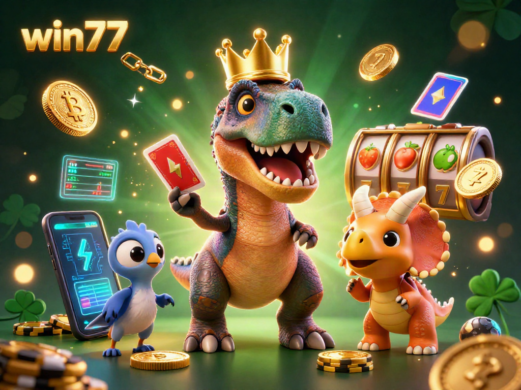 Menggandakan kemenangan di win77 dengan T-Rex bermain kartu, pelanggaran chips, dan koin Bitcoin bersinar.