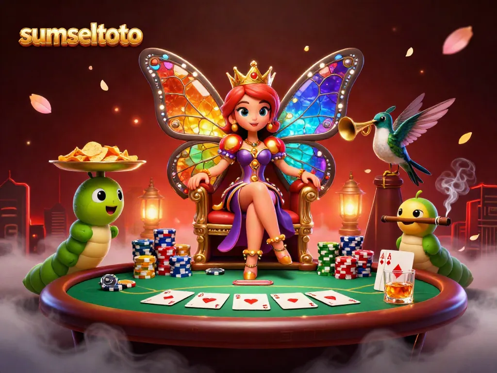 Experience thrilling gameplay with sumseltoto as a vibrant butterfly queen presides over a colorful casino atmosphere.