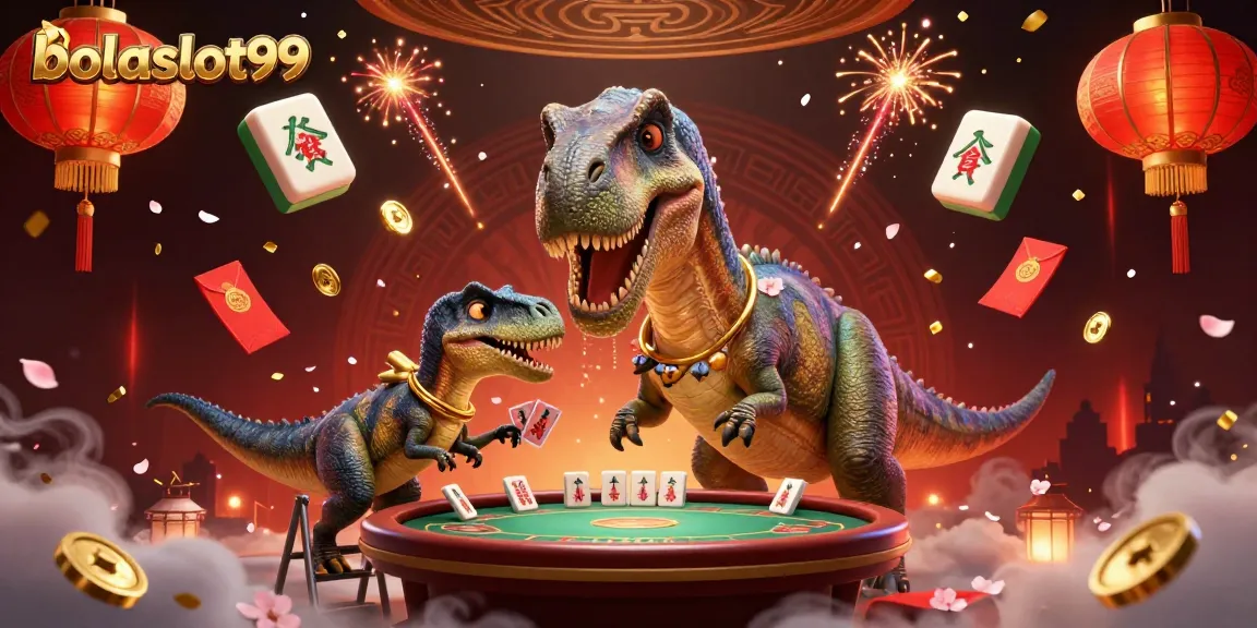Experience bolaslot99 with a vibrant 3D casino scene featuring mythical creatures playing cards.