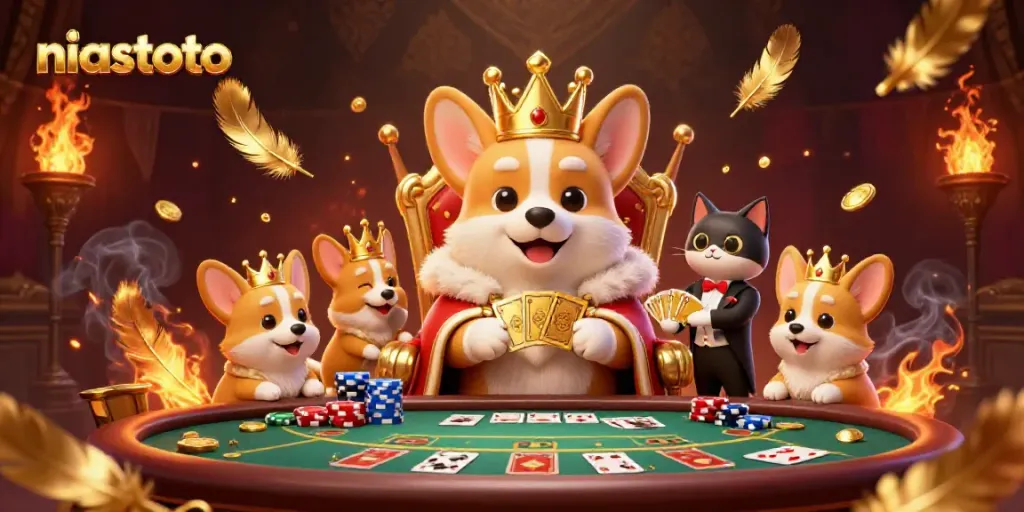 Poker menegangkan di niastoto dengan corgi kerajaan dan kartu emas di tengah aksi