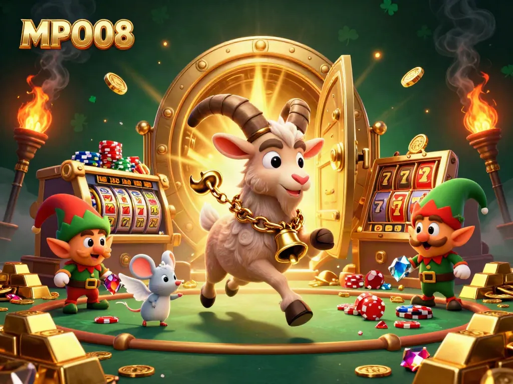 Engage with MPO08's vibrant casino scene featuring Krampus, an angel mouse, and elf gremlins around exciting slot machines.