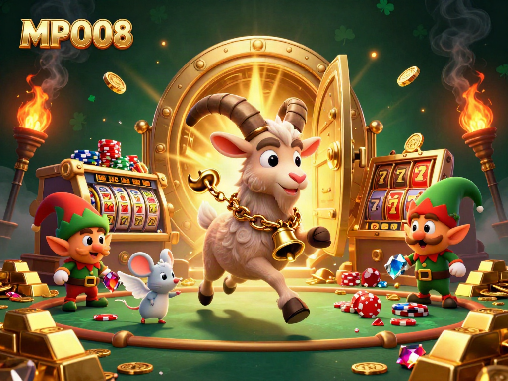 Engage with MPO08's vibrant casino scene featuring Krampus, an angel mouse, and elf gremlins around exciting slot machines.