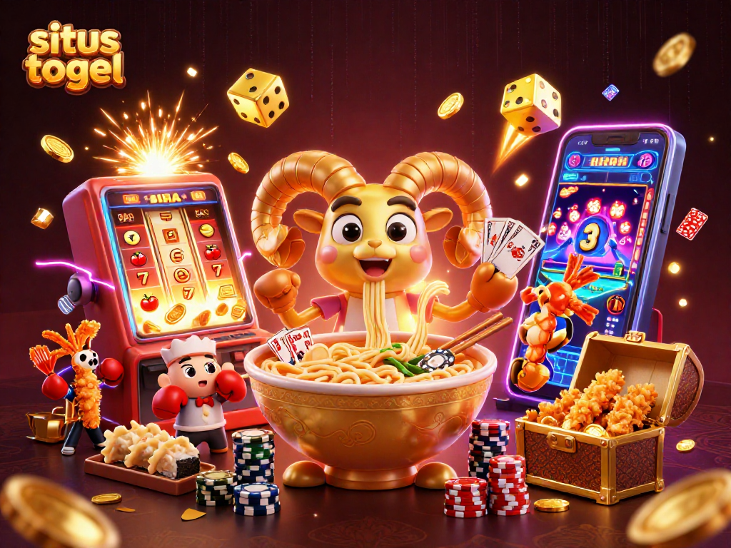 Gambar situs togel dengan karakter ramen dan dealer permainan di kasino digital.