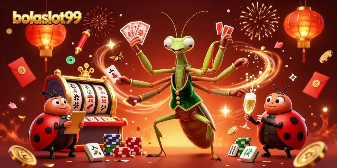 Experience the excitement of bolaslot99 with a giant praying mantis card sharp amidst slot games and festive decor.