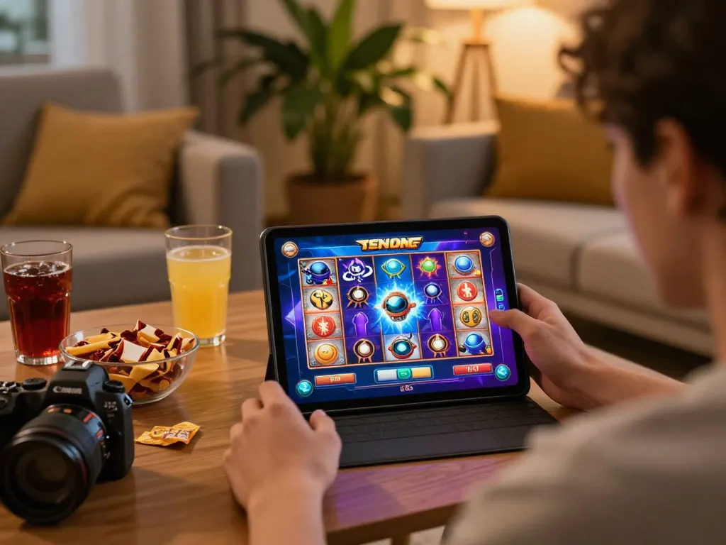 Permainan yang menarik di slot spaceman saat seorang pemain fokus pada tablet di lingkungan rumah yang nyaman.