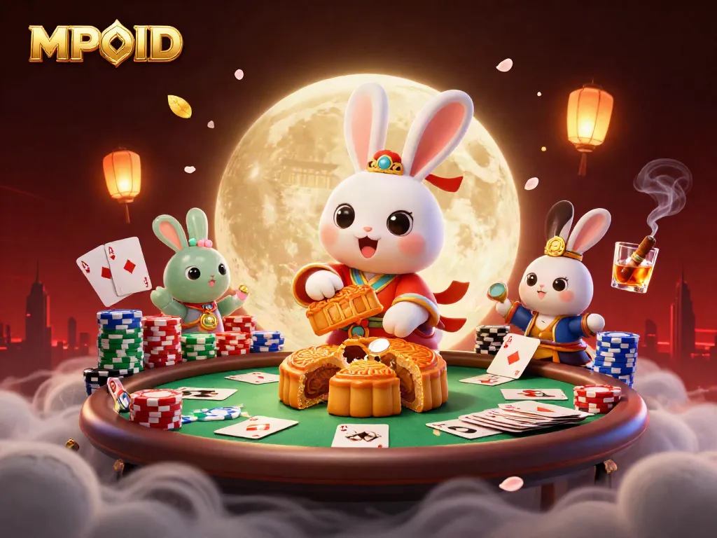 MPOID showcases a magical casino scene with a moon rabbit surrounded by thrilling poker elements.