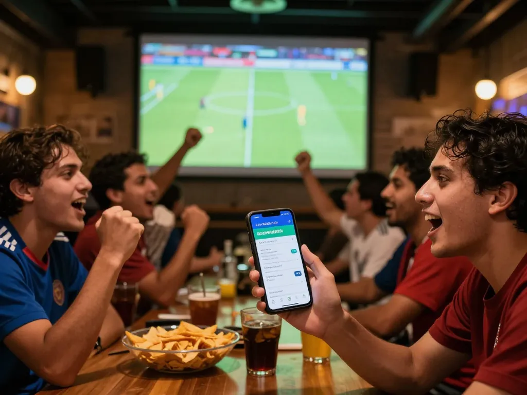 Xem bóng đá Socolive app in use by excited fans enjoying a soccer match at a vibrant sports bar