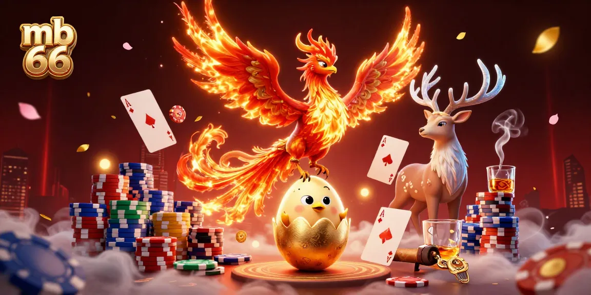 Players engage with mb 66 casino games, featuring vibrant 3D characters, poker chips, and dynamic visuals.