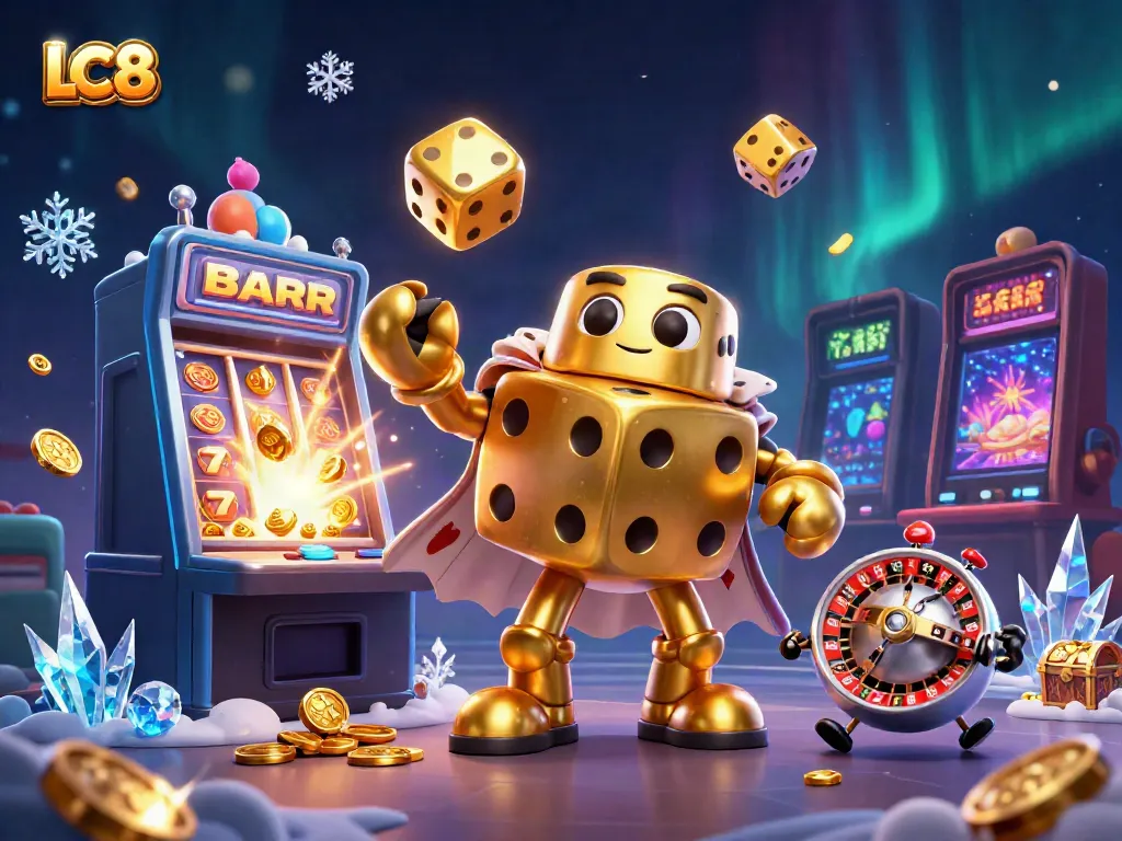 Experience thrilling gameplay at LC8 with dynamic golden dice characters and an exciting jackpot scene.