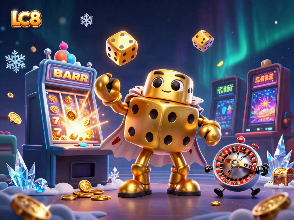 Experience thrilling gameplay at LC8 with dynamic golden dice characters and an exciting jackpot scene.