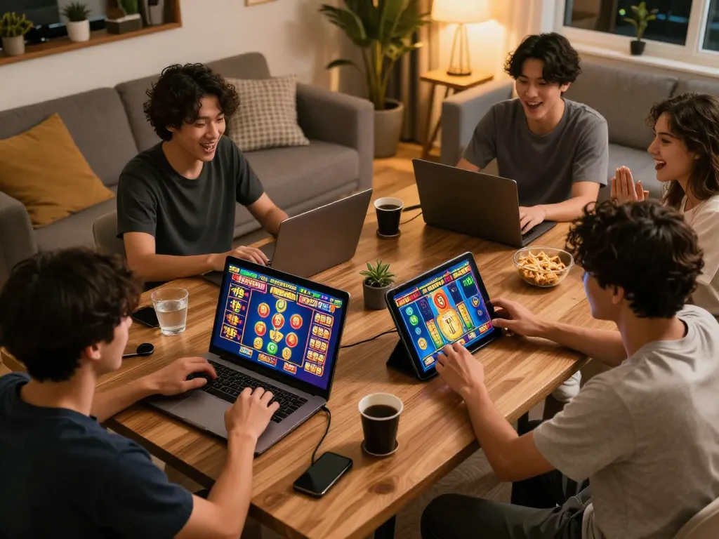 PULSASLOT players enjoying online slot games in a cozy home environment, showcasing excitement and strategy.