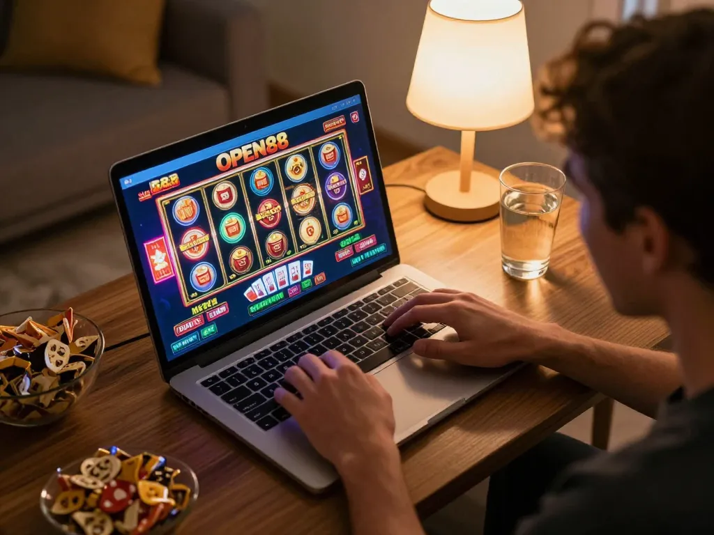 Player engaging with the OPEN88 online casino interface on a laptop in a cozy home setting.