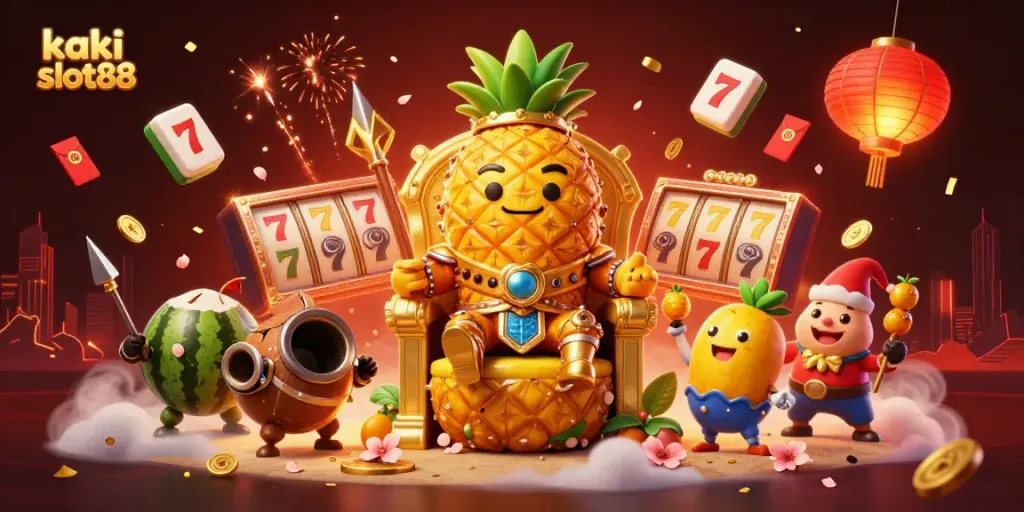 Mainkan permainan kasino di kaki slot88 dengan ilustrasi karakter buah yang menarik.