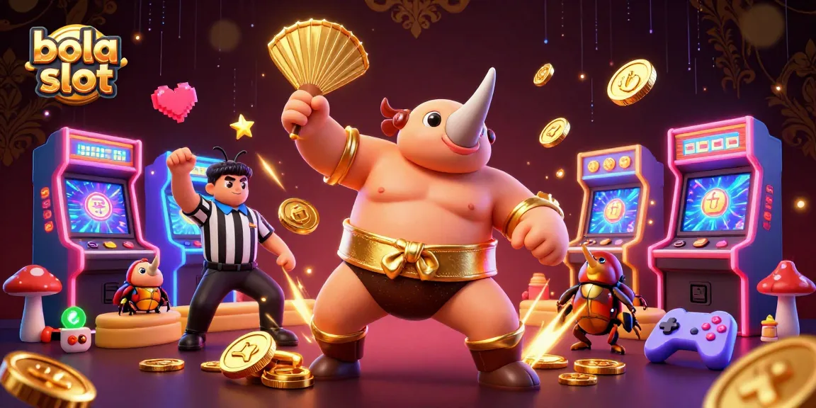 Experience vibrant action with bola slot as a sumo champion beetle sends coins flying in a lively gaming scene.