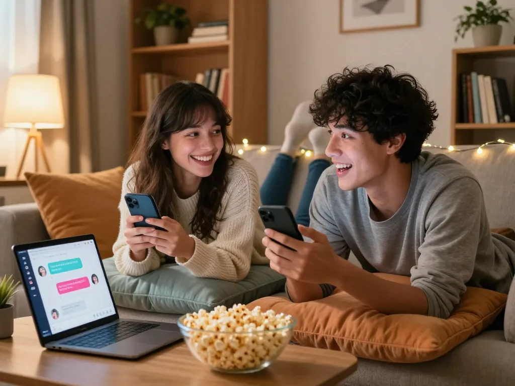 Couple enjoying ai sexting in a cozy living room, smiling and laughing.