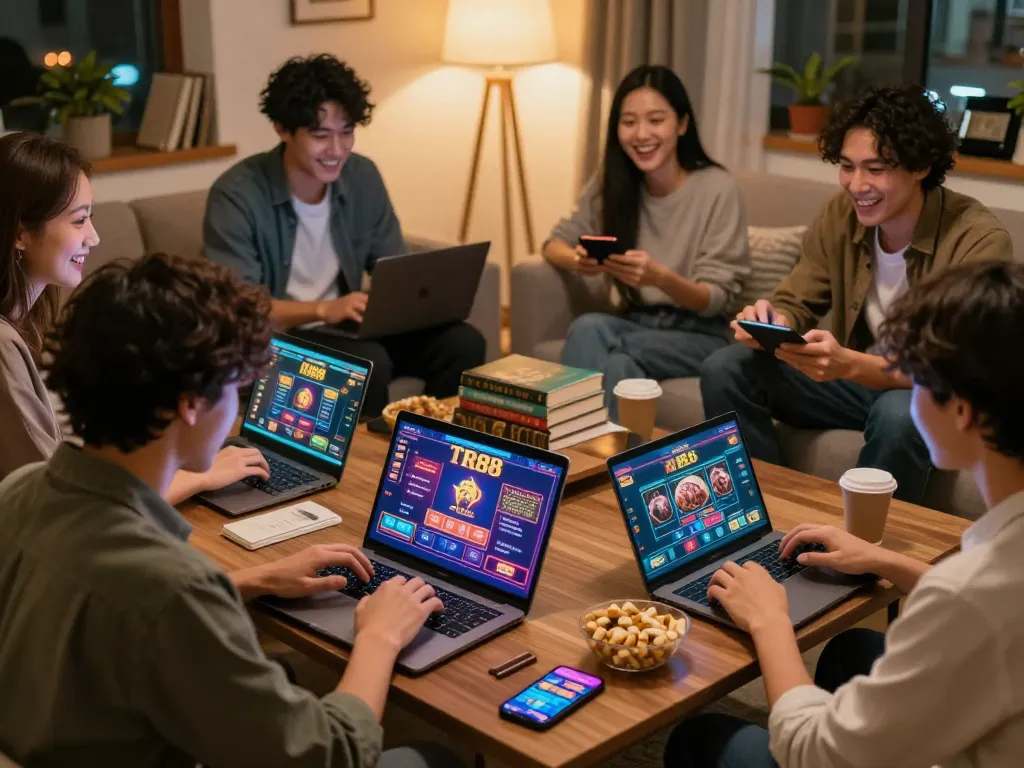 Players enjoy a TR88 online gaming session in a cozy setting, showcasing vibrant gameplay interactions.