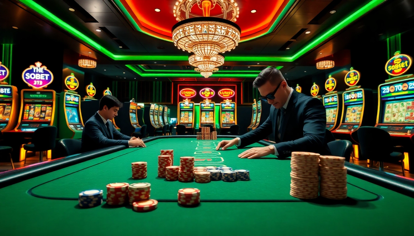 Experience sbobet login terbaru at a vibrant casino with poker tables and glowing slot machines.