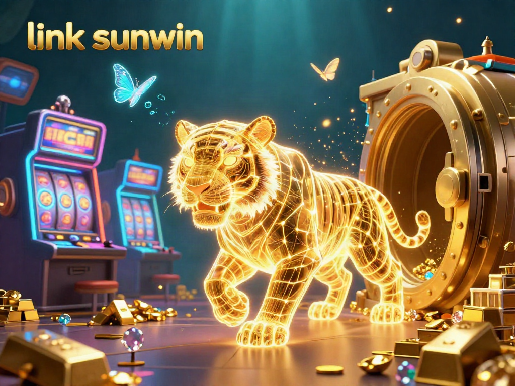 Engage with the link sunwin in this vibrant casino landscape featuring a neon tiger and dazzling treasures.
