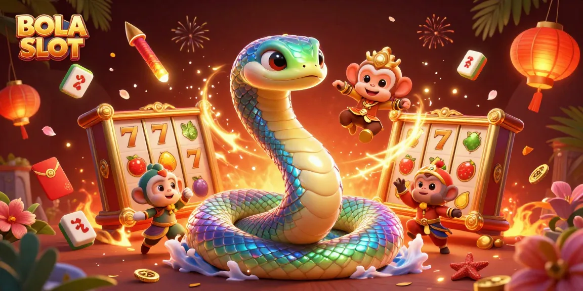 Experience thrilling gameplay with BOLA SLOT surrounded by dynamic symbols and vibrant characters in a colorful casino scene.