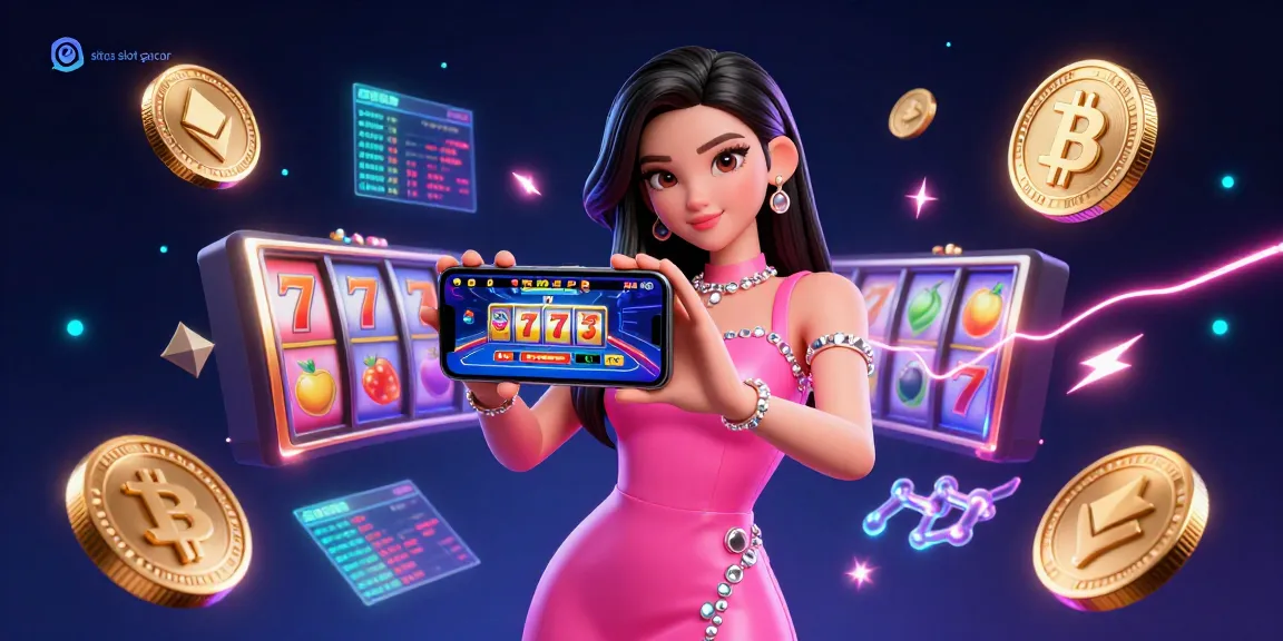Situs slot gacor showcases a confident Asian woman engaging in live dealer casino games, surrounded by dynamic casino elements.