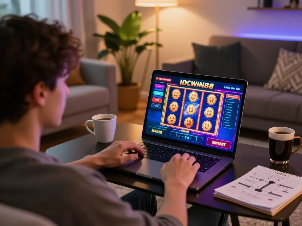 Engaging in slot gaming at IDCWIN88 with vibrant graphics in a cozy living room