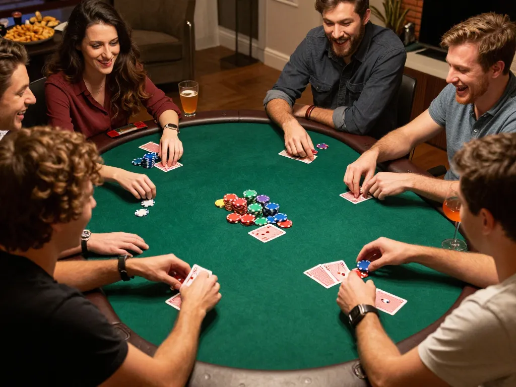 Friends engaged in a competitive poker game at home, capturing the excitement of 98win vin.