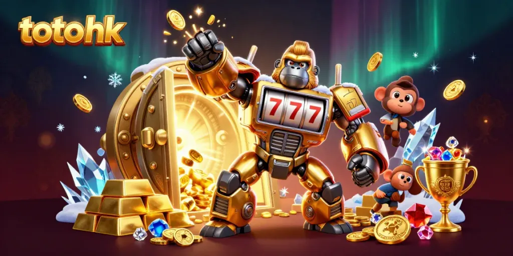 Menang judi slot dengan toto hk, gorila emas mecha menghantam ke atas, koin berhamburan.