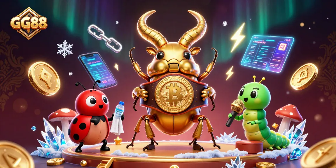 GG88 features a golden stag beetle wrestling in an online casino setting with vibrant cryptocurrency elements.