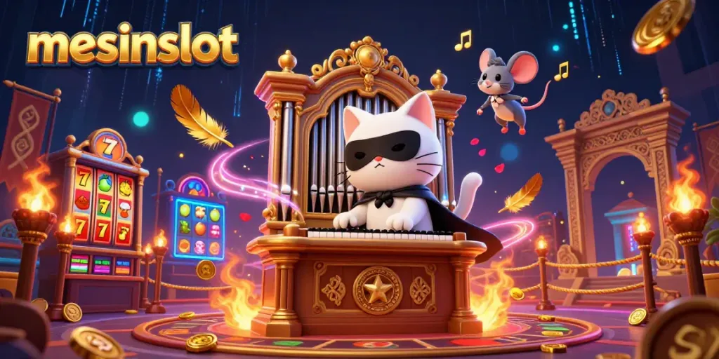Experience mesinslot magic with a 3D illustrated casino scene featuring fantasy characters and rich gaming elements.